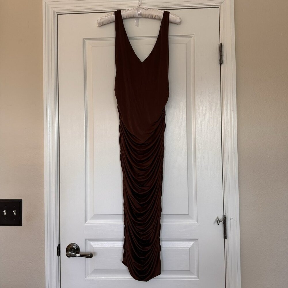 Akira Brown Ruched Midi Dress Size Medium Bodycon Coffee Chocolate